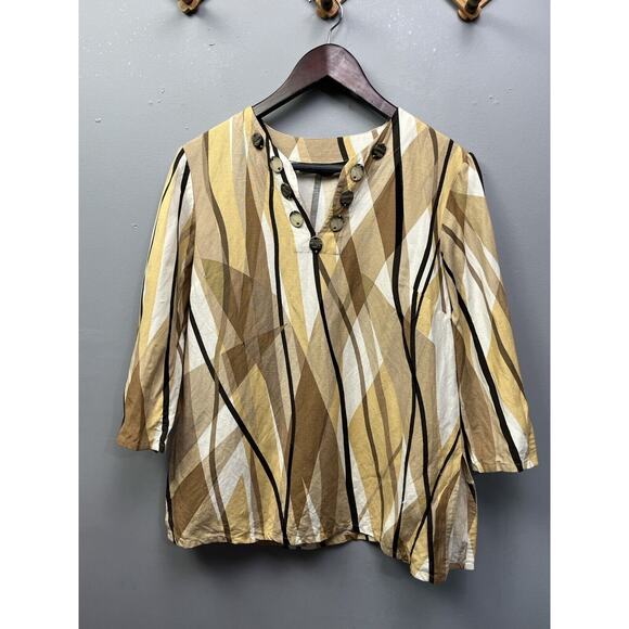 Kasper Tunic Top Womens size 8‎ Linen blend Tan White Shell Beach Notch Neck - Picture 1 of 7